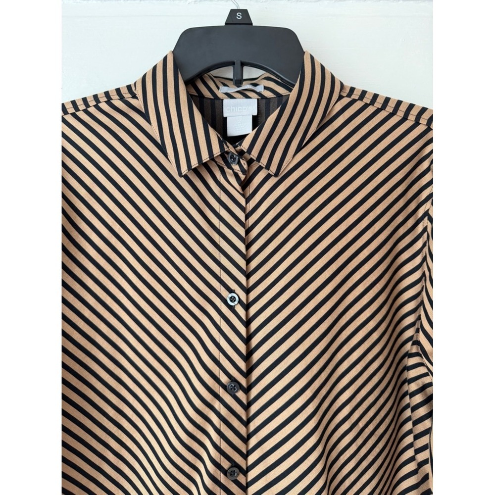 Chico's No Iron Chic Stretch Button Down Shirt Tan Black Diagonal Stripe Office - Picture 8 of 15